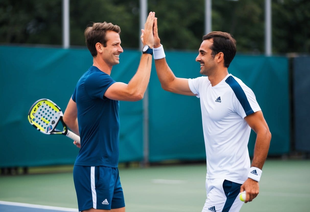 A runner og en padel tennis spiller giver hinanden en high-five på banen efter en fælles træningssession begge smilende og ser energiske ud